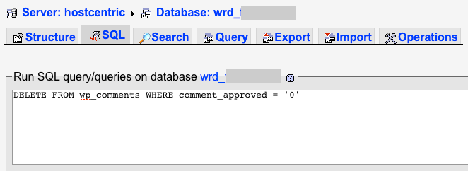 Screenshot of phpMyAdmin running an SQL command