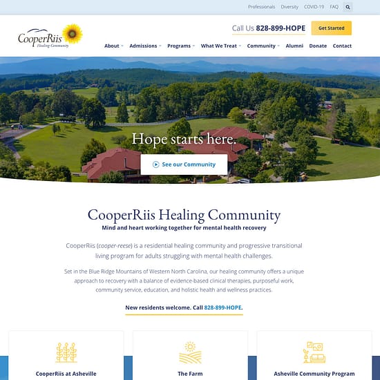 CooperRiis Healing Community Website homepage