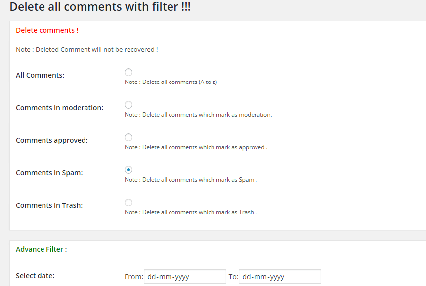 Delete all comments plugin settings screenshot
