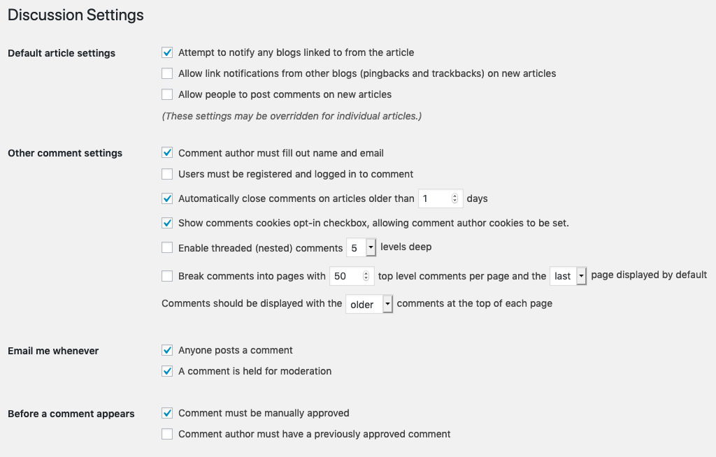 Discussion settings for turning off comments in WordPress