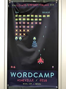 WordCamp Asheville 2018 banner with retro game theme